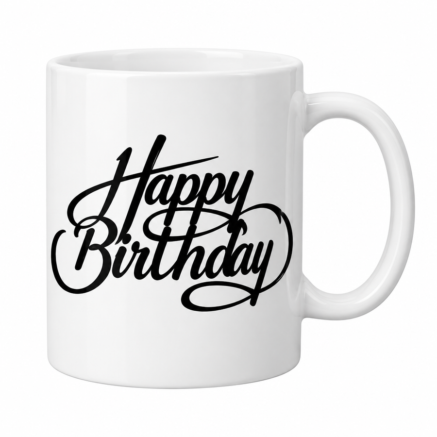 Happy Birthday Black Script Mug - Front View